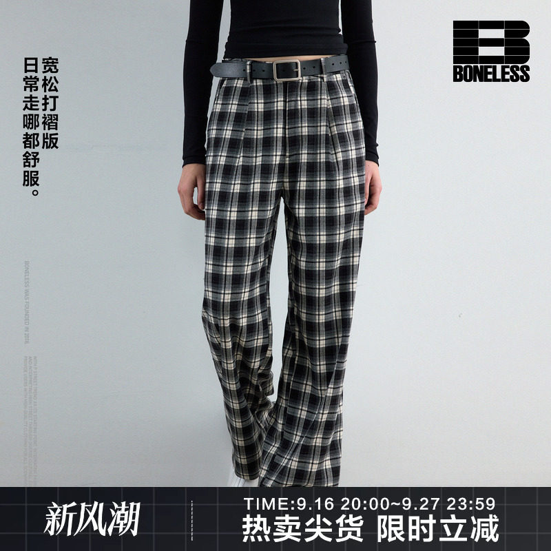 BONELESS黑白格纹宽松打褶休闲长裤显瘦百搭cleanfit高腰裤子图片