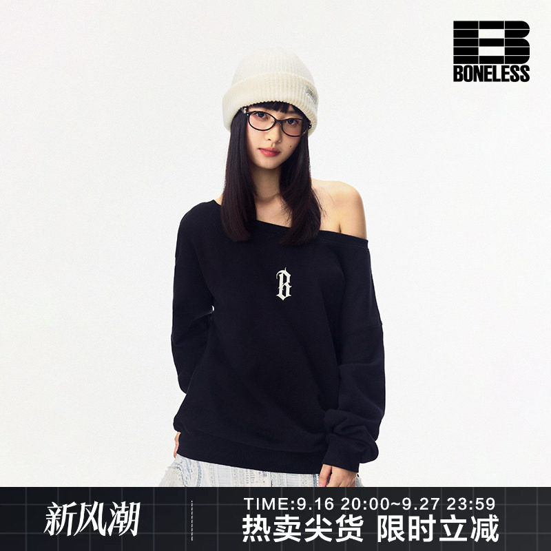 BONELESS基础哥特B印花斜肩卫衣秋宽松百搭休闲露肩慵懒套头上衣图片