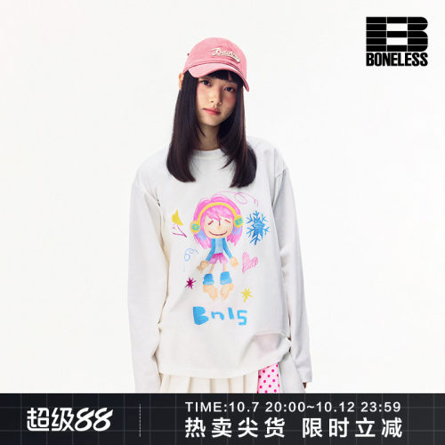 BONELESS天气初语涂鸦印花长袖T恤纯棉秋季宽松情侣装上衣打底衫