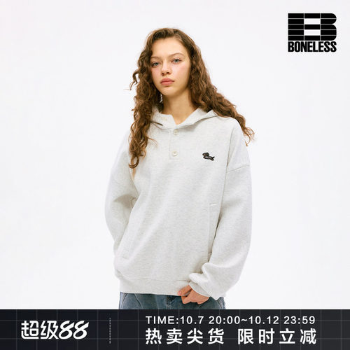 BONELESS奔跑小狗刺绣半纽扣廓形宽松连帽卫衣蓄热保暖挺括上衣