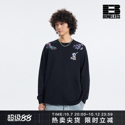 BONELESS水彩动植物环绕印绣花长袖秋季新款宽松纯棉潮牌情侣上衣