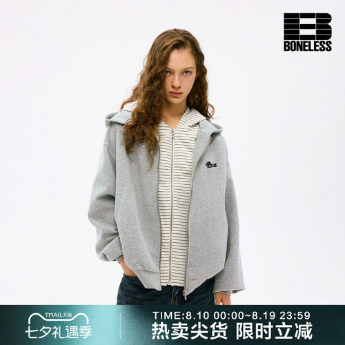 BONELESS奔跑小狗刺绣章可拆卸拼接条纹空气层卫衣假两件开衫外套