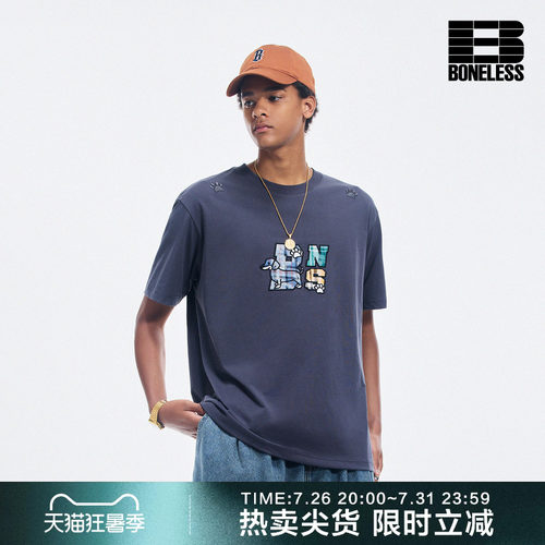 BONELESS字母腊肠狗贴布绣T恤夏季新款凉感速干宽松圆领体恤男女