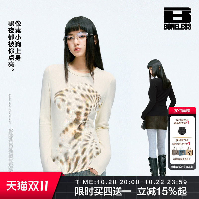 BONELESS小狗印花长袖T恤修身百搭显瘦打底衫趣味休闲圆领上衣