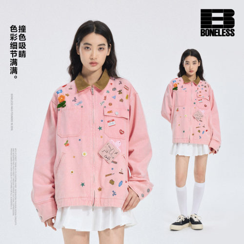 【商场同款】BONELESS多口袋撞色魔术贴翻领底特律夹克宽松外套
