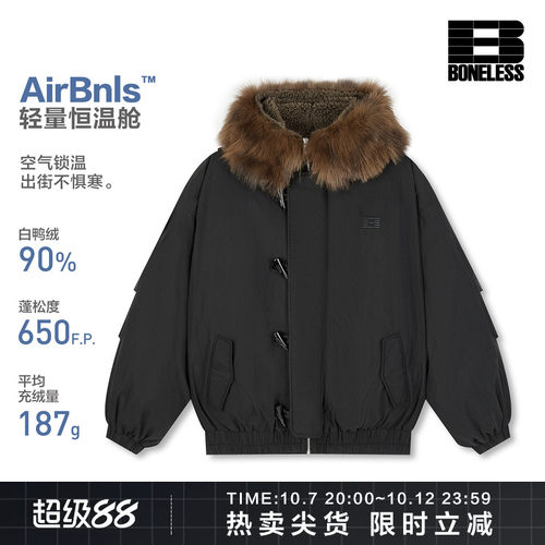 BONELESS牛角扣大毛领宽松连帽羽绒服刺绣宽松复古秋冬保暖外套