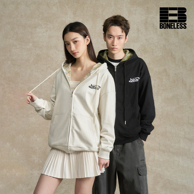 BONELESS格纹拼接连帽拉链帽衫宽松刺绣重磅开衫卫衣休闲潮牌外套图片