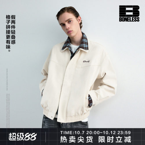 BONELESS假两件撞色拼接格子翻领刺绣夹克宽松纯棉cleanfit外套