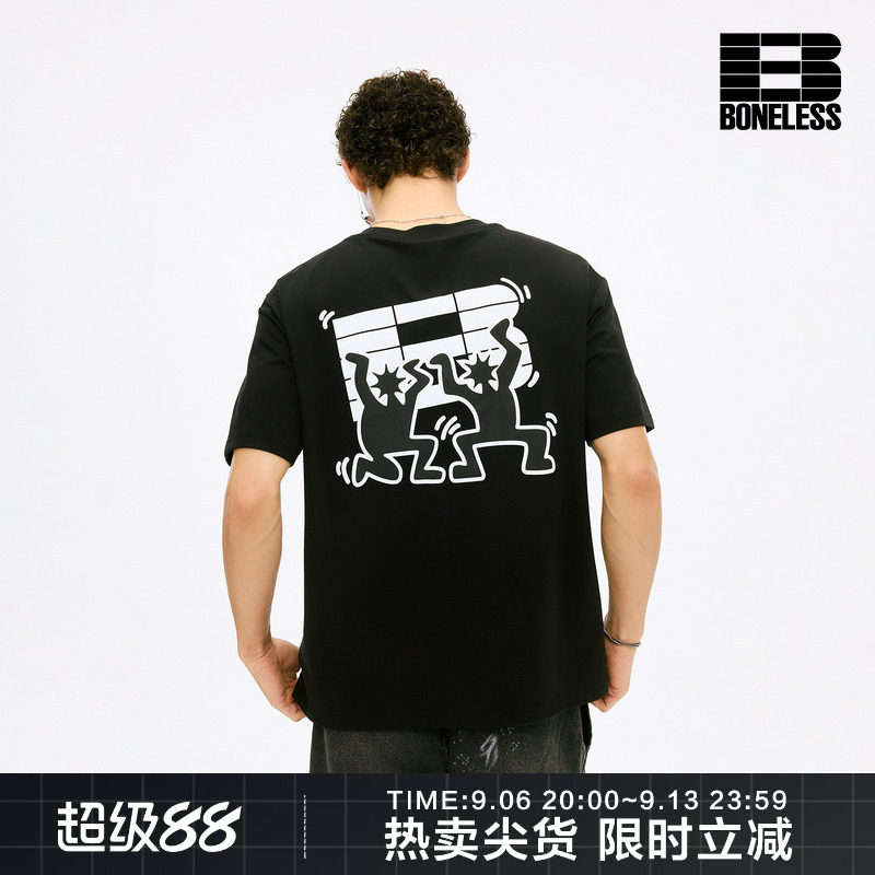 BONELESS趣味绒面印花显瘦短袖T恤挺括日常通勤休闲圆领体恤上衣图片