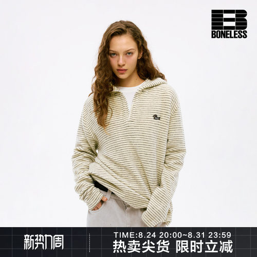 BONELESS奔跑小狗刺绣章仔仿兔毛条纹长袖针织衫复古运动连帽上衣