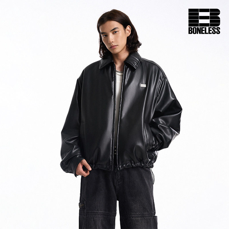 BONELESS网格B字海绵刺绣pu皮夹克秋冬短款棉服外套图片