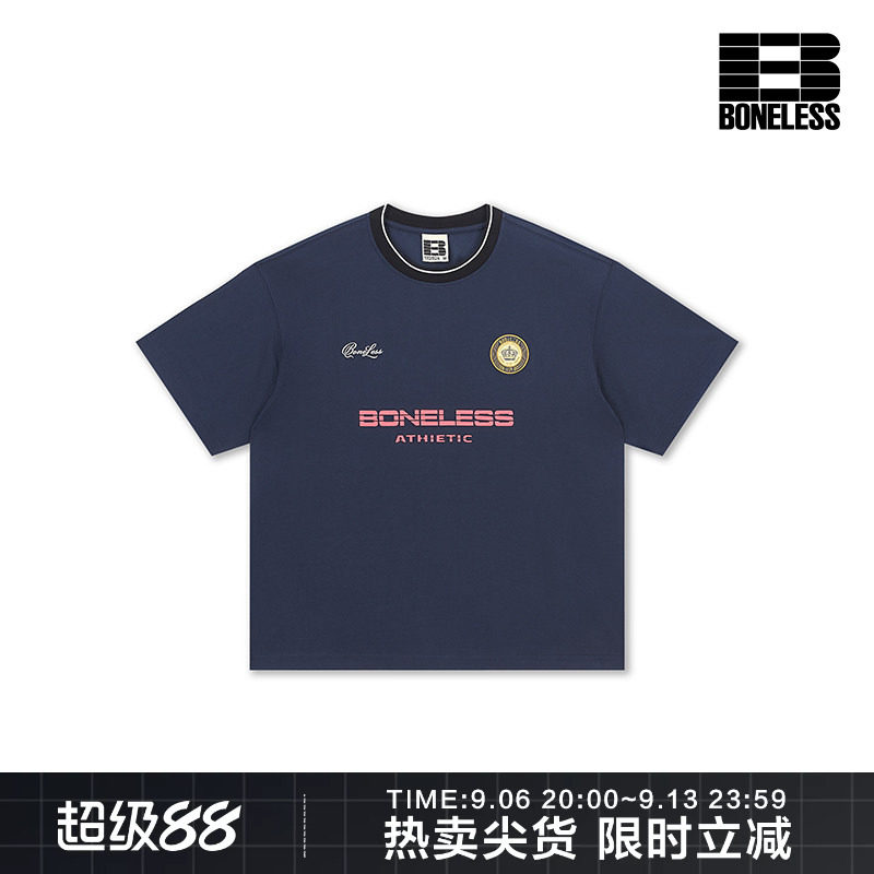 BONELESS排版印花复古撞色短袖显瘦运动球衣潮流百搭运动上衣图片