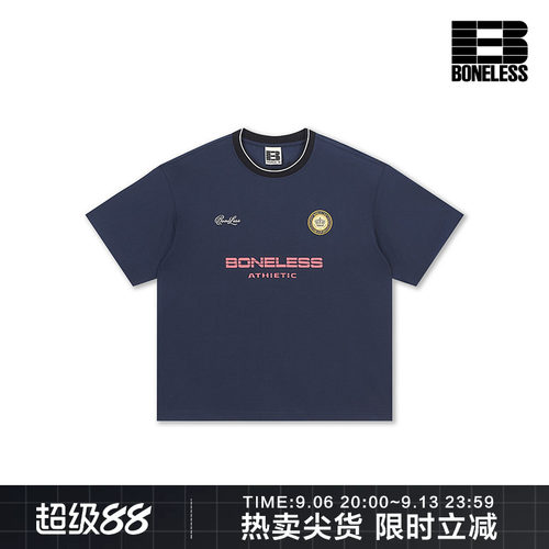 BONELESS排版印花复古撞色短袖显瘦运动球衣潮流百搭运动上衣