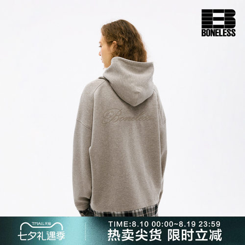 BONELESS格纹拼接连帽卫衣logo刺绣宽松休闲日常通勤百搭重磅上衣