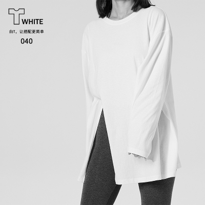 Twhite040设计感前开衩长袖白T