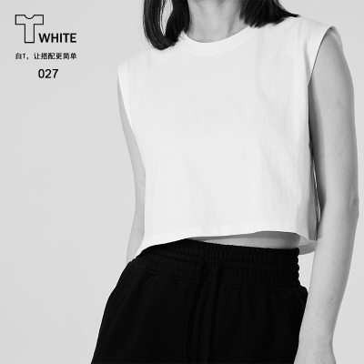 Twhite027BM风运动少女无袖白T