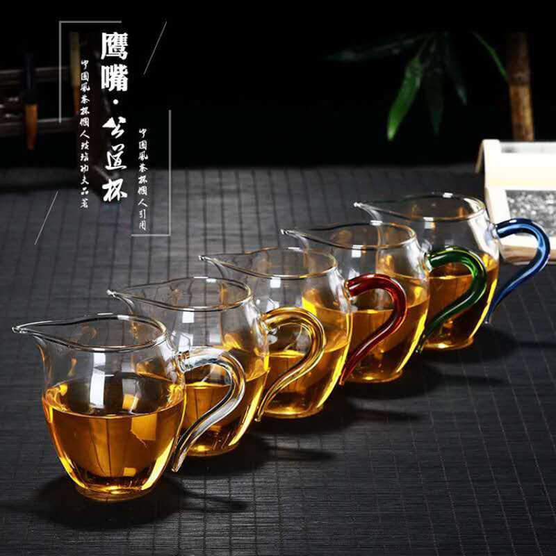 企鹅造型透明玻璃玲珑公道杯功夫茶具分茶器彩色把手龙胆杯茶海