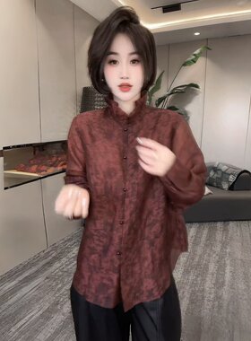 新中式立领珍珠扣长袖衬衫女早春新款宽松百搭显瘦气质设计感上衣