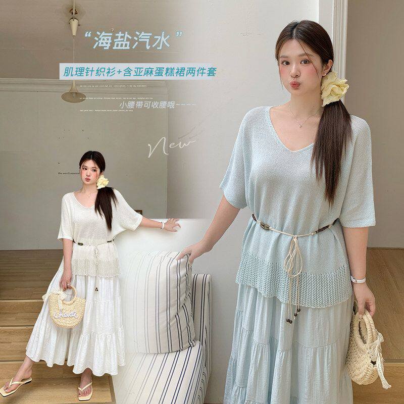 伊诺大码度假风腰带上衣2026夏新款含亚麻蛋糕裙两件套244619T21