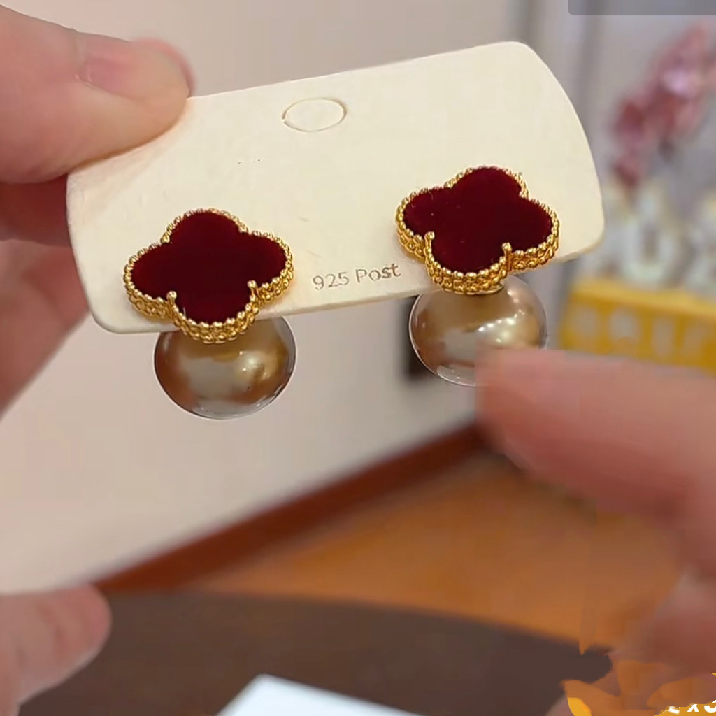 铜合金耳饰四叶草耳环轻奢高级感2025新款爆款红色小众设计耳钉