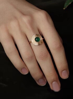 铜合金戒指新款时尚简约百搭绿色草帽戒指女气质指环