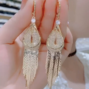 长款流苏网状水滴耳扣耳环女大气款设计感网红百搭耳饰方圆脸耳坠