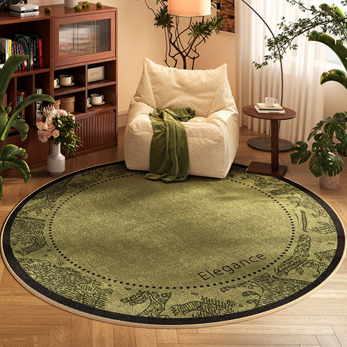 中古风圆形地毯客厅阳台休闲区免洗地垫绿色沙发茶几毯摇摇椅脚垫