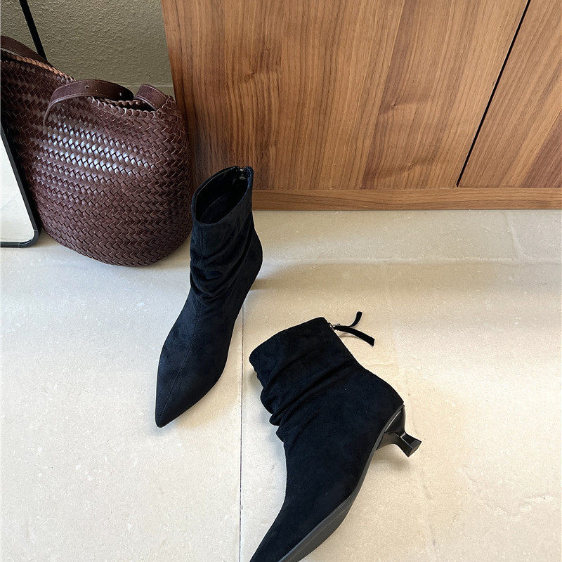 2025新款秋冬尖头细跟高跟鞋女黑色绒面袜靴弹力瘦瘦靴女3厘米