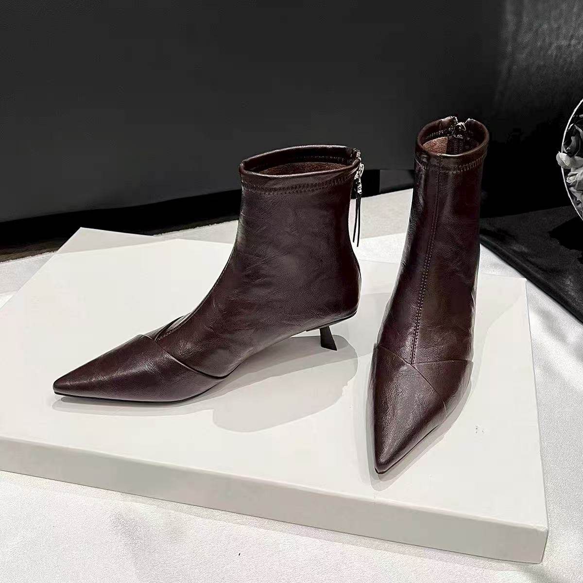 低跟尖头细跟短靴女春秋单靴2025年新款高跟鞋小细跟软皮软底女靴,女鞋,时装靴,淘宝优惠券,粉丝福利购,淘宝优惠卷