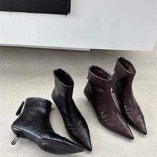 3CM低跟短靴女加绒女靴2025年新款高跟鞋尖头细跟软皮职业工作靴