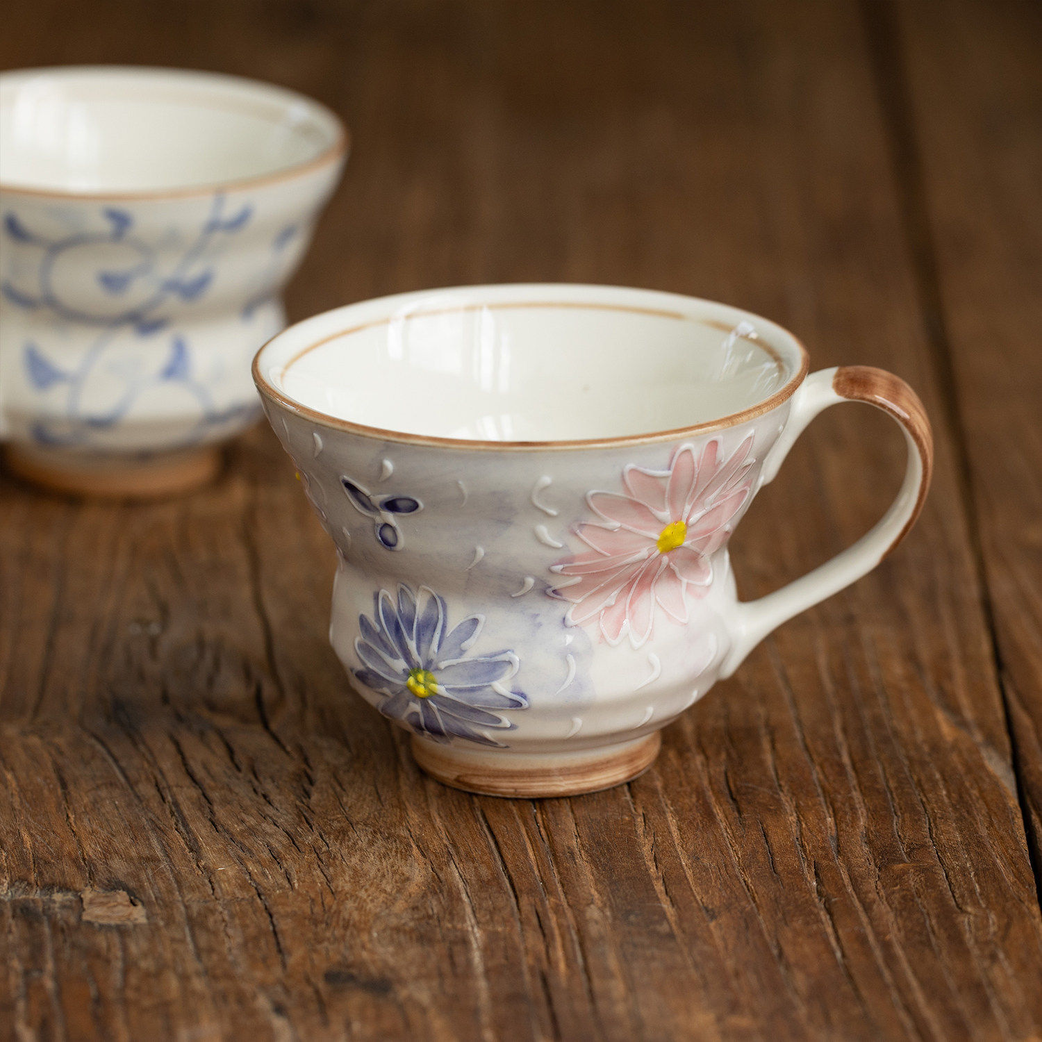 日本进口美浓烧手绘唐草樱花陶瓷马克杯日式咖啡杯茶杯水杯葫芦杯