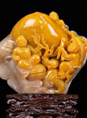 福建寿山田黄石俏色巧雕童子祝寿摆件家居客厅办公装饰摆设工艺品