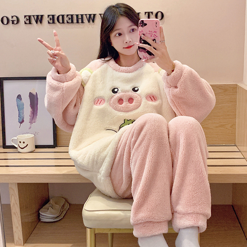 珊瑚绒睡衣女秋冬季新款加绒加厚圆领长袖可爱卡通保暖家居服套装