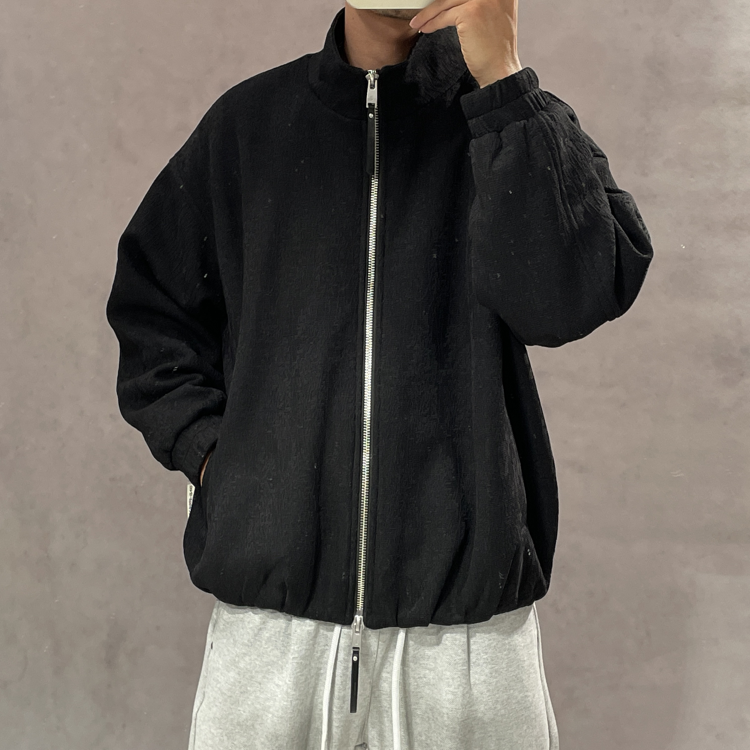 BY3秋季男高端褶皱纹理感立领拉链开衫外套美式休闲宽松百搭上衣