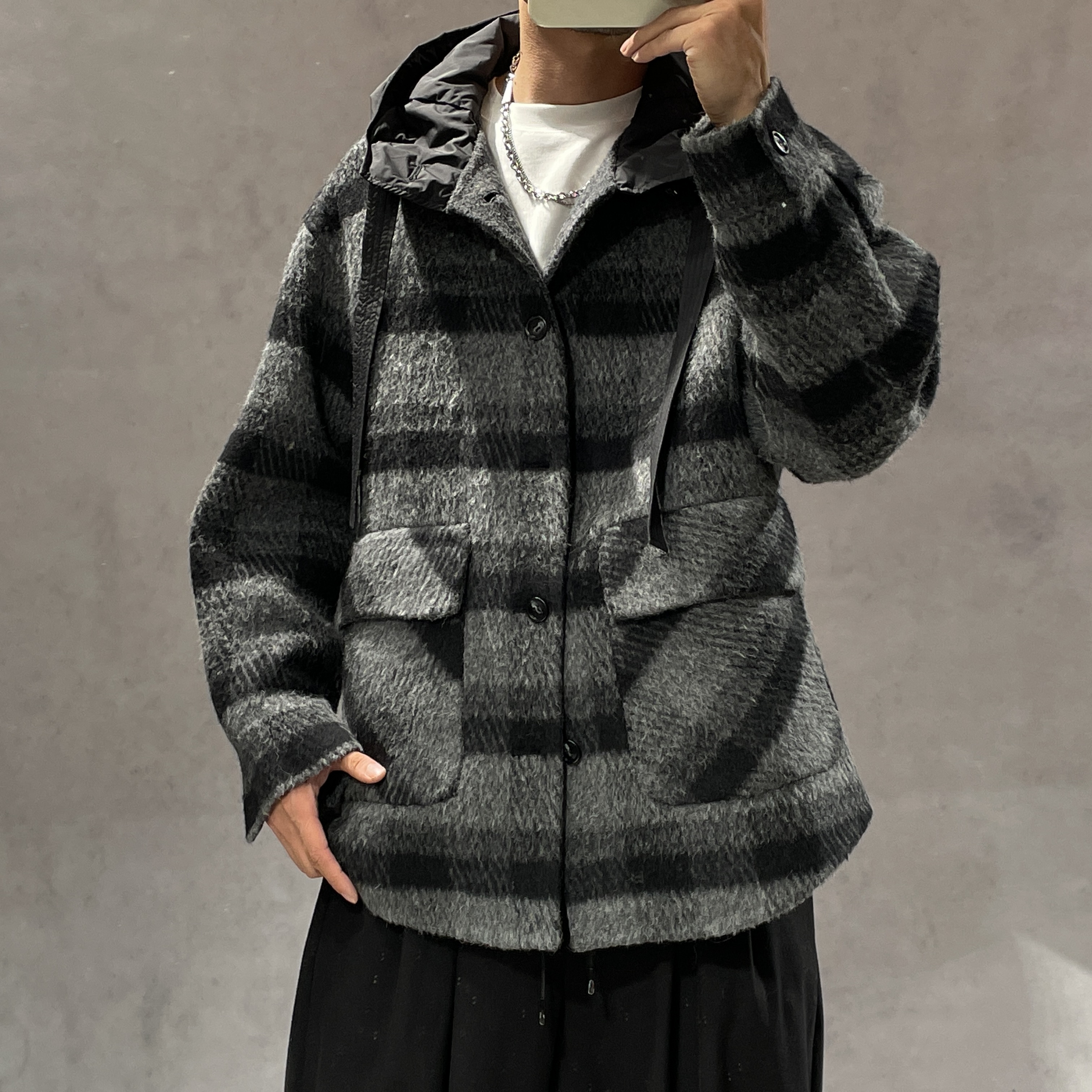 秋冬复古撞色格子连帽双面羊毛呢大衣男美式高级感羊驼毛保暖外套