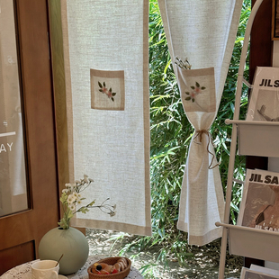 日式樱花贴布绣花分片式门帘亚麻棉麻中古风隔断帘咖啡厅茶室门帘