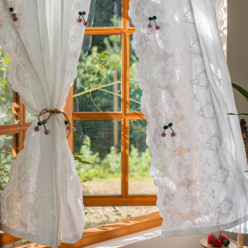 韩式镂空白色全棉绣花小窗户半帘免打孔成品窗帘透光不透人隔断帘
