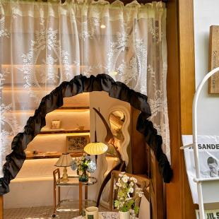 法式 复古蕾丝赫本中古风拱形幔免打孔透光半帘短帘头厨房半截纱帘