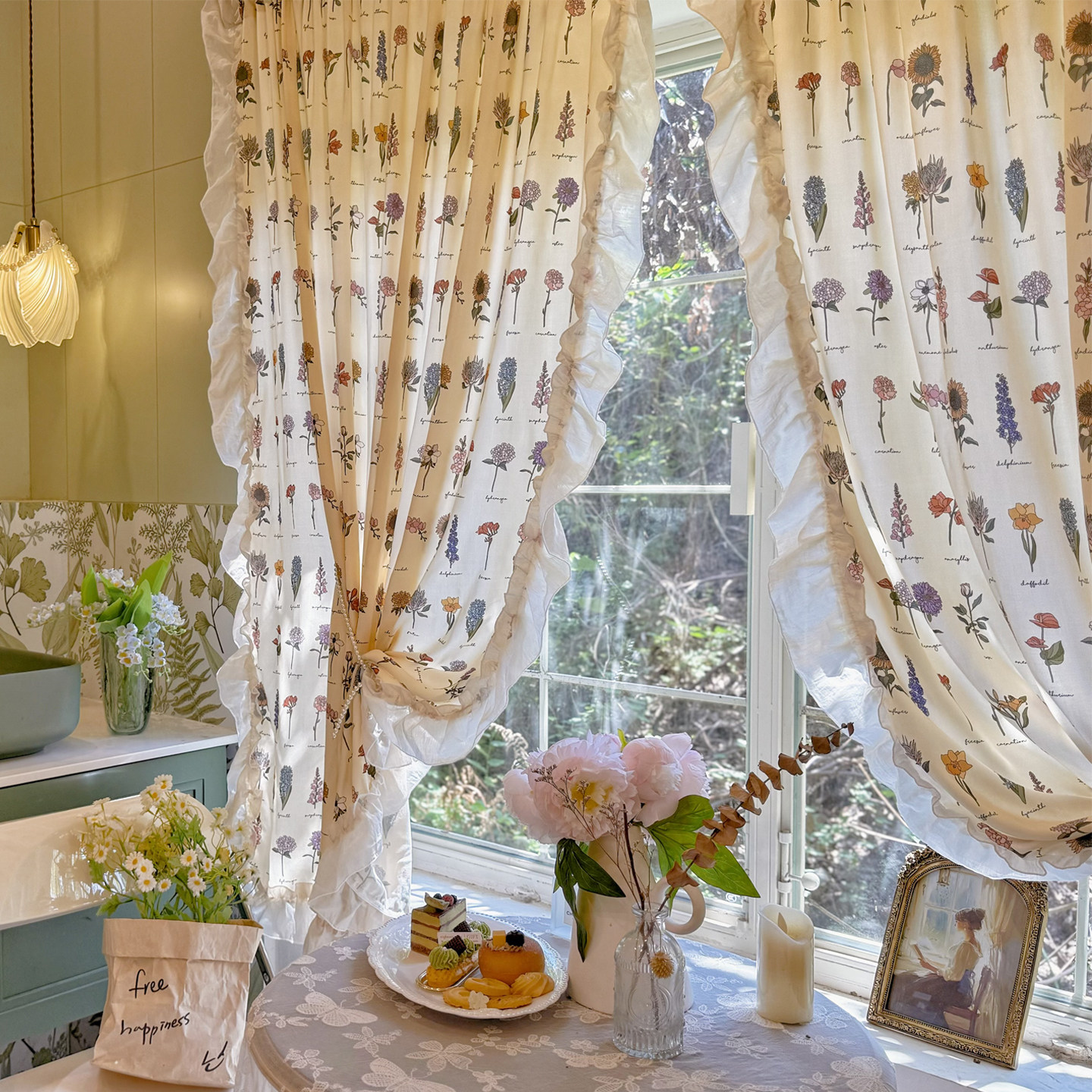 美式复古乡村庭院风荷叶花边窗帘森系小碎花半帘透光不透人隔断