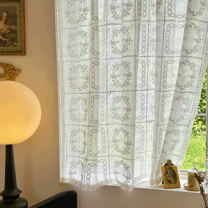 法式浪漫奶油色蕾丝刺绣宫廷纱帘公主风透光不透人半帘中古风窗纱