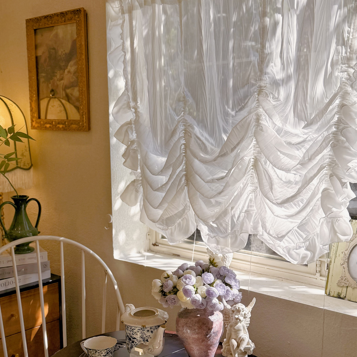 法式浪漫奶油公主系压褶纱提拉帘