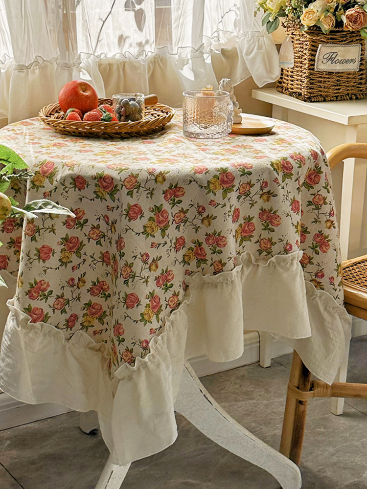 田园风棉麻复古玫瑰印花阳台花园庭院桌布宿舍出租房餐桌布野餐布