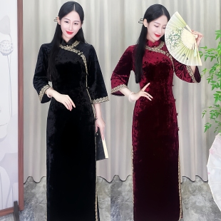 步小姐 显瘦秋款 贵宁 修身 喜妈妈旗袍 贵气复古黑色倒大袖