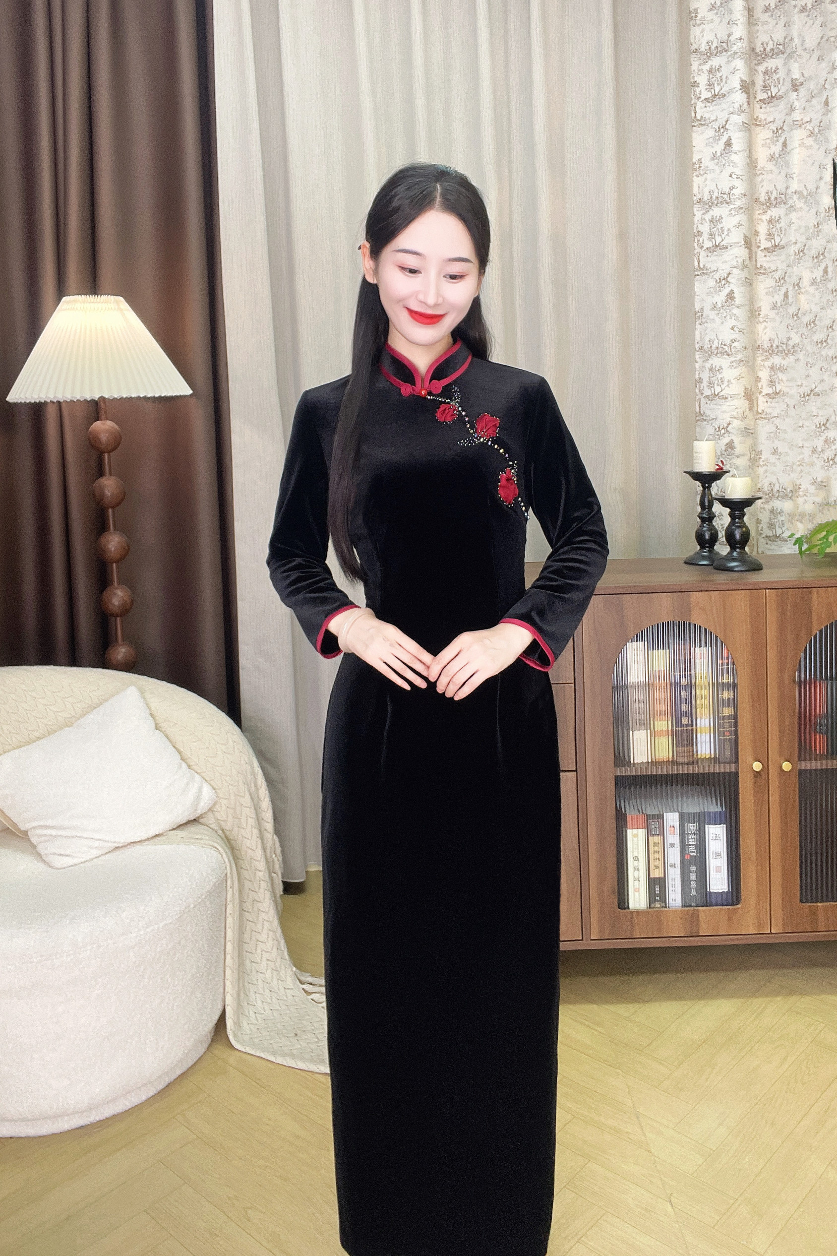 【步小姐旗袍-红婉】手工花钉珠高端定制复古显瘦中国风长款旗袍