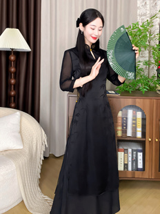 【步小姐—云歌】纯色锦缎提花黑色显瘦奥黛绣花高端旗袍裙复古风