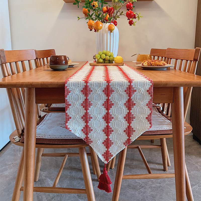 美式乡村田园风格提花格子桌旗复古圆桌现代餐桌茶几盖布喜庆红色