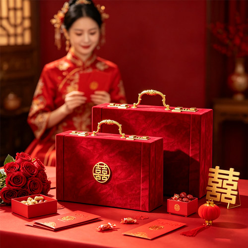 高档酒红绒面中式双喜礼金箱