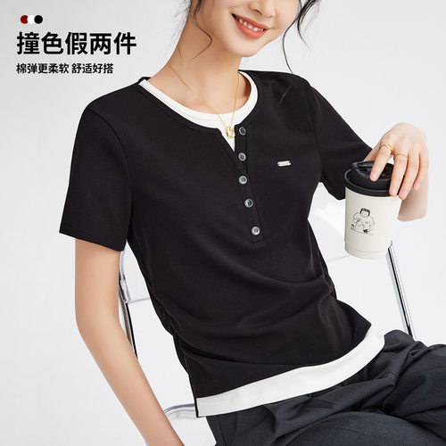 黑色假两件抽褶短袖T恤女夏季