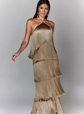 欧美性感挂脖流苏露背连衣裙Hanging neck tassel backless dress