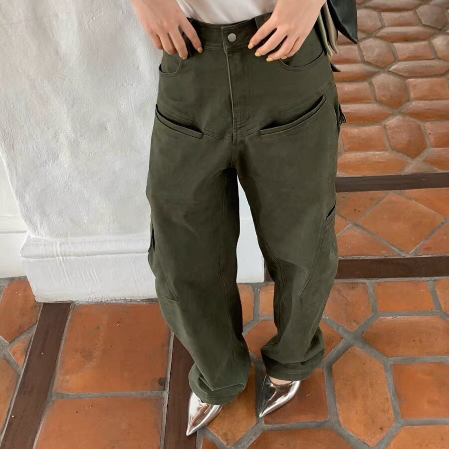 2024新款阔腿宽松复古休闲中性显瘦多口袋廓形工装长裤女